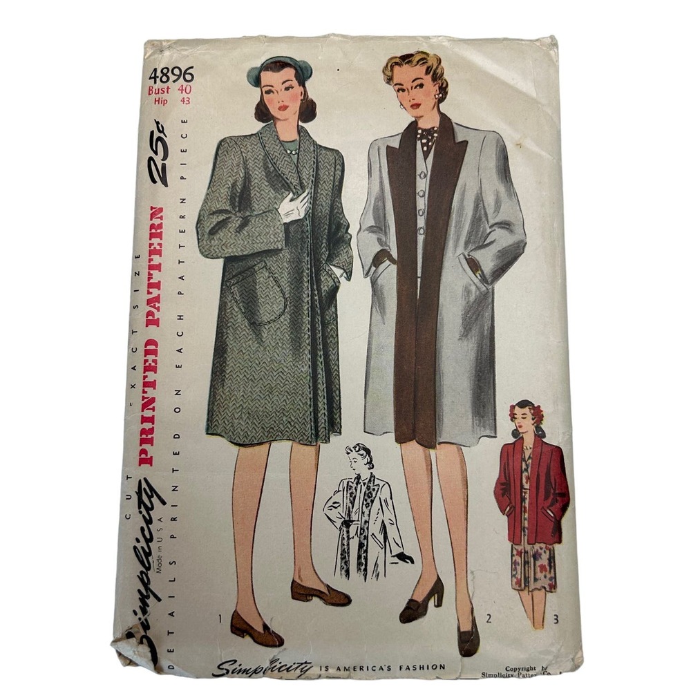 Simplicity Vintage Pattern #4896 Women's Tuxedo Coat Bust‎ 40